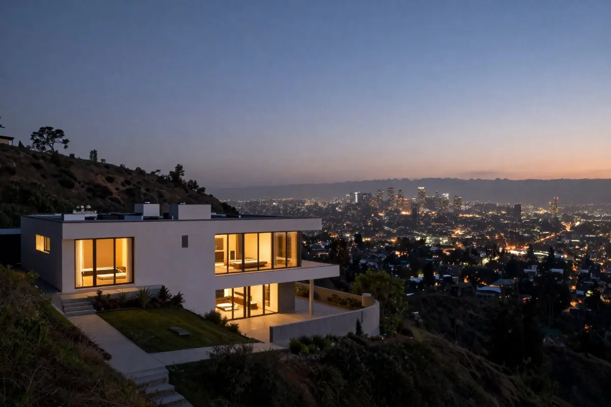 Modern hillside home at dusk above the city lights