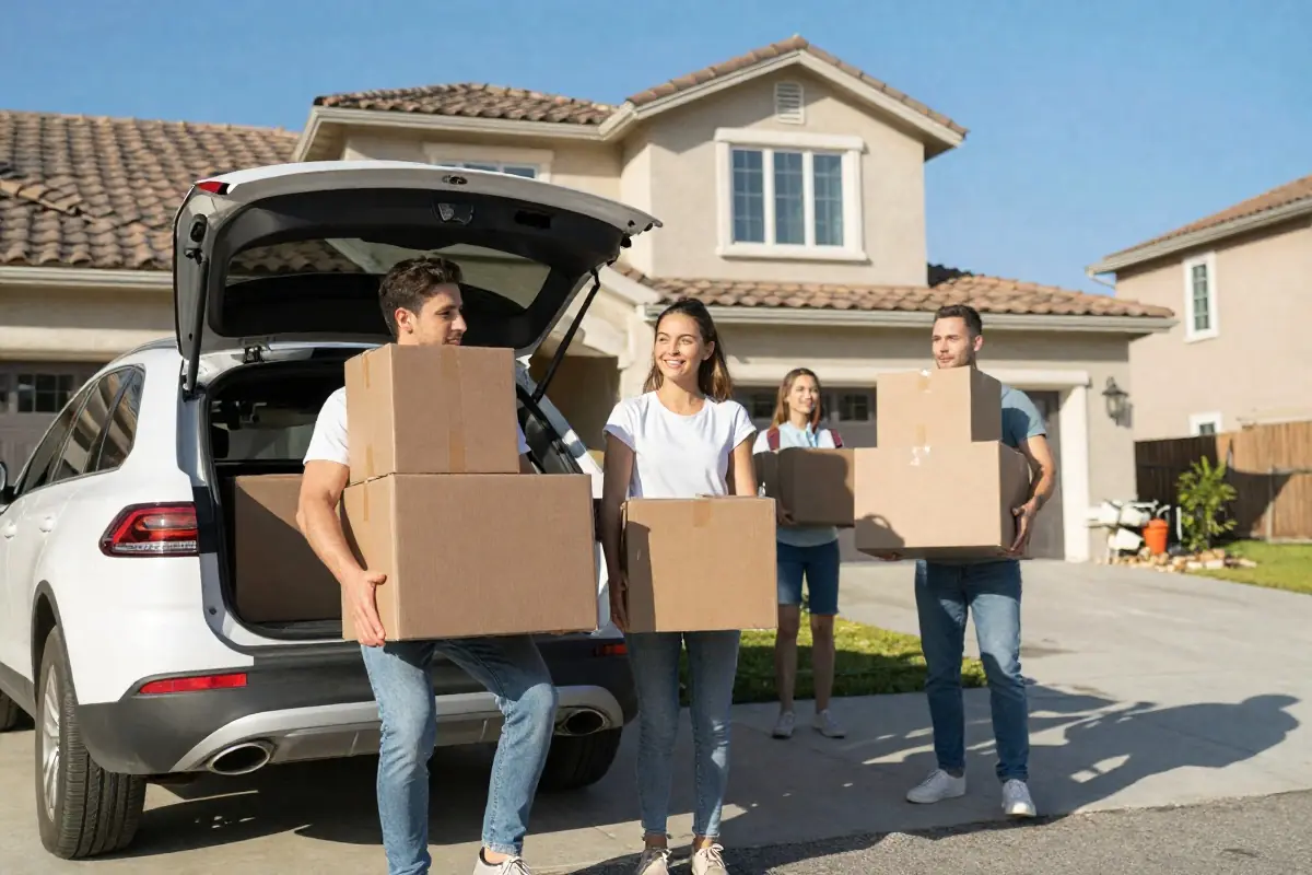 Family carrying boxes into their new home